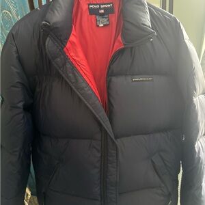 Polo by Ralph Lauren Men's Dark Puffer Jacket with Red Interior